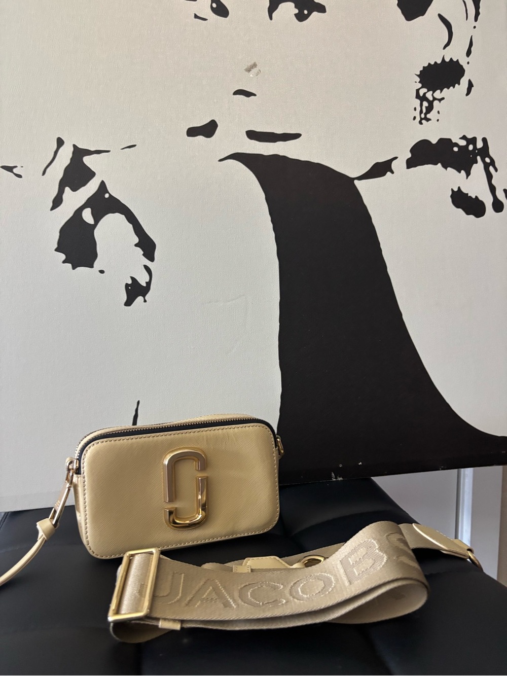 Marc Jacobs Gold Saffiano Leather Crossbody Camera Bag with Logo Strap